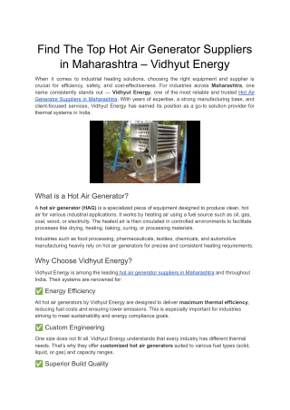 Find The Top Hot Air Generator Suppliers in Maharashtra – Vidhyut Energy