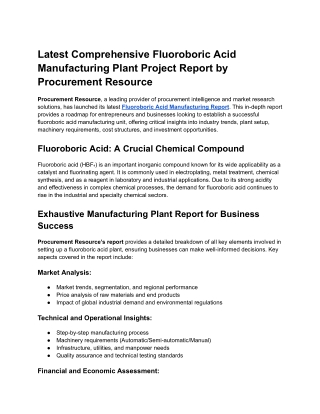 Latest Comprehensive Fluoroboric Acid Manufacturing Plant Project Report by Procurement Resource