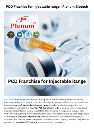 PCD Franchise for Injectable range | Plenum Biotech