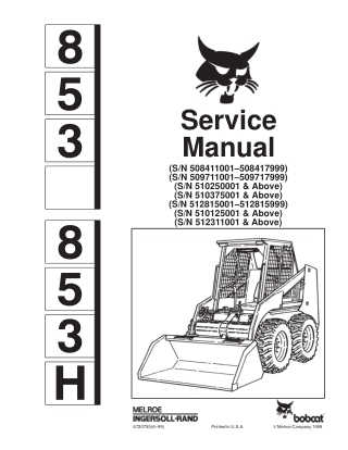 BOBCAT 853 853H SKID STEER LOADER Service Repair Manual Instant Download (SN 512311001 & Above)