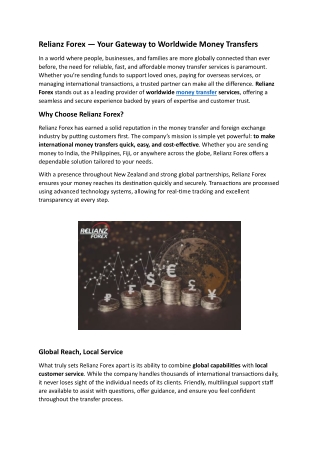 Relianz Forex — Your Gateway to Worldwide Money Transfers