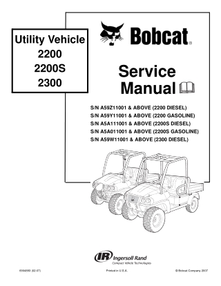 BOBCAT 2200 2200S 2300 UTILITY VEHICLE Service Repair Manual Instant Download SN A59Y11001 & ABOVE (2200 GASOLINE)