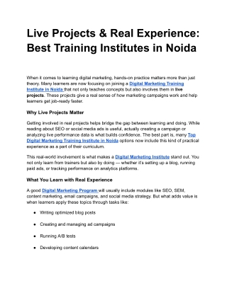 Live Projects & Real Experience: Best Training Institutes in Noida