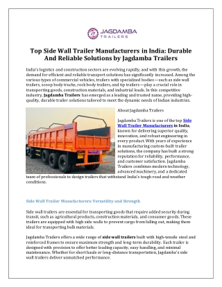 Top Side Wall Trailer Manufacturers in India- Durable And Reliable Solutions by Jagdamba Trailers