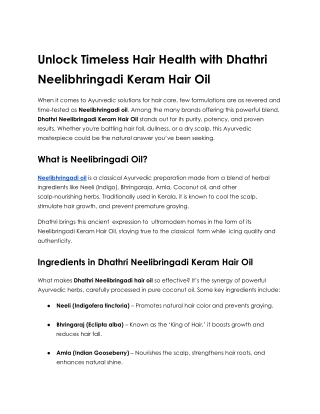 Unlock Timeless Hair Health with Dhathri Neelibhringadi Keram Hair Oil