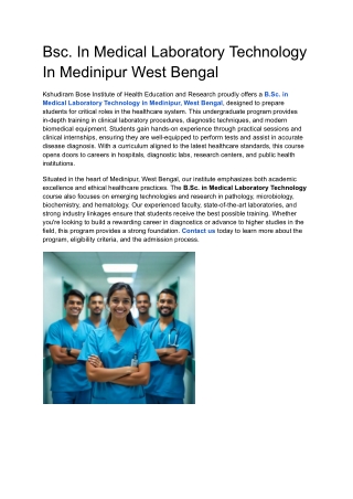 Bsc. In Medical Laboratory Technology In Medinipur West Bengal