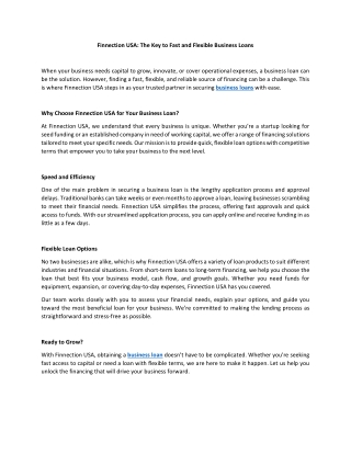Finnection USA: The Key to Fast and Flexible Business Loans