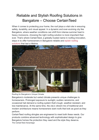 Reliable and Stylish Roofing Solutions in Bangalore – Choose CertainTeed