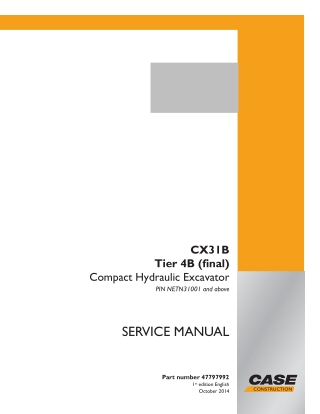 CASE CX31B Tier 4B (final) Compact Hydraulic Excavator Service Repair Manual Instant Download