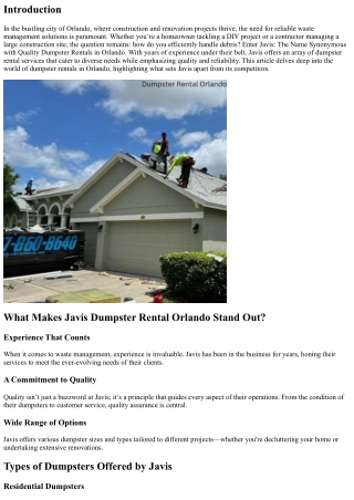 Javis: The Name Synonymous with Quality Dumpster Rentals in Orlando