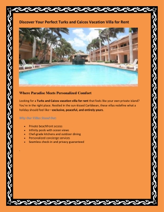 Turks and Caicos vacation villa for rent