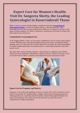 Top-Rated Gynecologist in Kasarvadavali Thane – Dr. Sangeeta Shetty