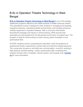 B.Sc in Operation Theatre Technology in West Bengal