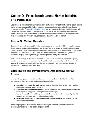 Castor Oil Price Trend: Latest Market Insights and Forecasts