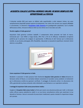 Acquista Cialis e Levitra generici online: un modo semplice per ripristinare la