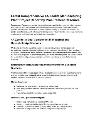 Latest Comprehensive 4A Zeolite Manufacturing Plant Project Report by Procurement Resource