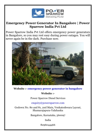 Emergency Power Generator In Bangalore  Power Sparrow India Pvt Ltd