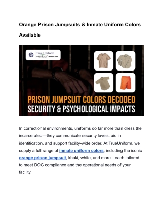 Orange Prison Jumpsuits & Inmate Uniform Colors Available