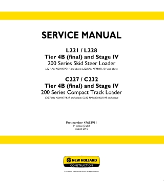 New Holland L221 TIER 4B (FINAL) Skid Steer Loader Service Repair Manual Instant Download [NEM479941 - ]