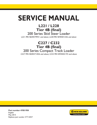 New Holland L221 TIER 4B Final [NEM479941- ]North America Skid Steer Loader Service Repair Manual Instant Download