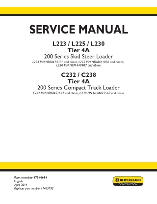 New Holland L225 TIER 4 Skid Steer Loader Service Repair Manual Instant Download [NDM461085 - ]