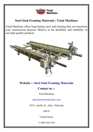 Steel Stud Framing Materials   Triad Machines