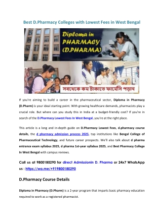 Best Pharmacy Colleges with Lowest Fees in West Bengal