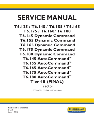 New Holland T6.175 Tier 4B (FINAL) Tractor Service Repair Manual Instant Download