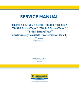 New Holland T8.380 CVT TIER 2 Continuously Variable Transmission (CVT) TIER 2 Tractor Service Repair Manual Instant Down