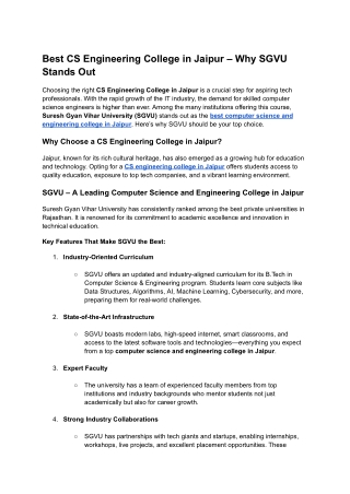 Best CS Engineering College in Jaipur – Why SGVU Stands Out