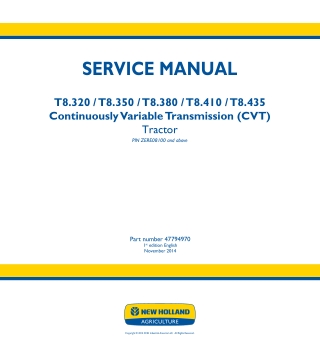 New Holland T8.410 Continuously Variable Transmission (CVT) Tractor Service Repair Manual Instant Download 2