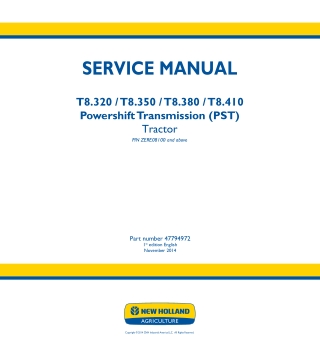 New Holland T8.410 Powershift Transmission (PST) Tractor Service Repair Manual Instant Download 2
