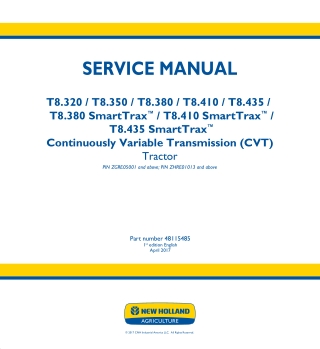 New Holland T8.410 SmartTrax Continuously Variable Transmission (CVT) Tractor Service Repair Manual Instant Download