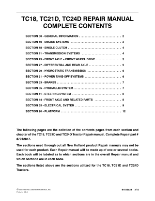 New Holland TC18 Tractor Service Repair Manual Instant Download 1