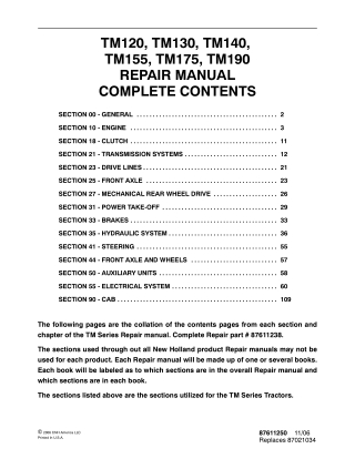 New Holland TM120 Tractor Service Repair Manual Instant Download