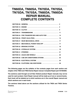 New Holland TN95DA Tractor Service Repair Manual Instant Download