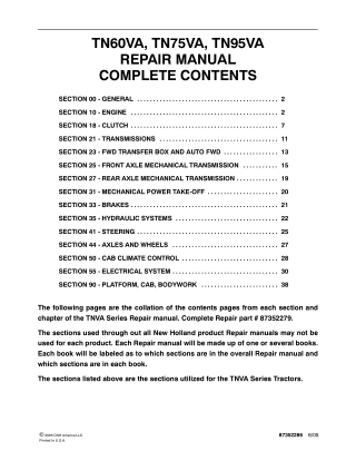 New Holland TN95VA Tractor Service Repair Manual Instant Download