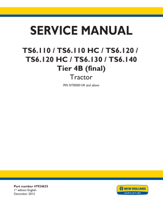 New Holland TS6.120 Tier 4B (final) Tractor Service Repair Manual Instant Download