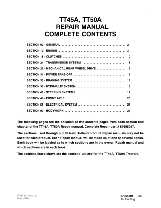 New Holland TT45A Tractor Service Repair Manual Instant Download