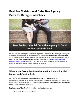 Best Pre Matrimonial Detective Agency in Delhi for Background Check