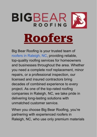 Roofers in Raleigh, NC: Expert Roofing Services by Big Bear Roofing