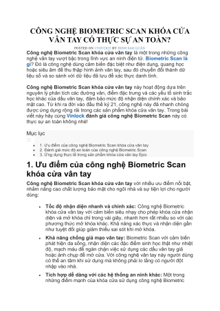 CÔNG NGHỆ BIOMETRIC SCAN KHÓA CỬA VÂN TAY CÓ THỰC SỰ AN TOÀN
