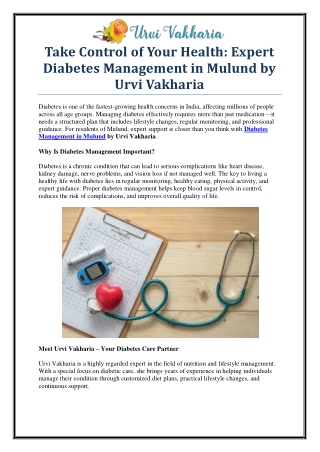 Trusted Diabetes Management in Mulund by Urvi Vakharia