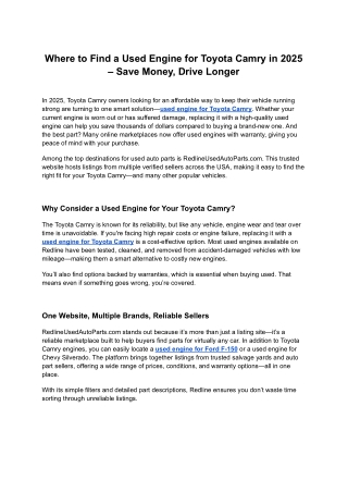 Where to Find a Used Engine for Toyota Camry in 2025 – Save Money, Drive Longer