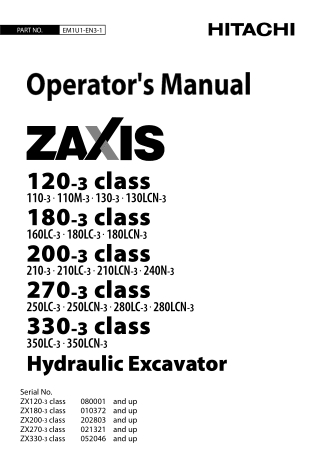Hitachi Zaxis 120-3 class 180-3 class 200-3 class 270-3 class 330-3 class Hyraulic Excavator Operator’s Manual Instant D