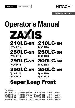 Hitachi Zaxis ZX210LC-5N ZX210LC-6N ZX250LC-5N ZX250LC-6N ZX290LC-5N ZX300LC-6N ZX350LC-5N ZX350LC-6N Hydraulic Excavato
