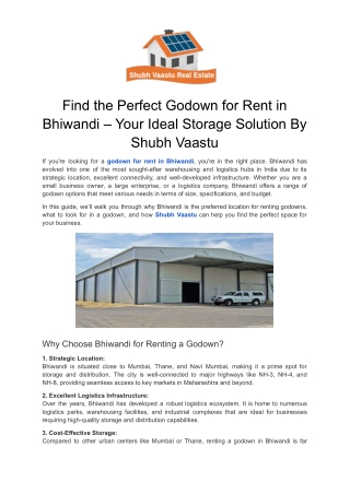 Find the Perfect Godown for Rent in Bhiwandi – Your Ideal Storage Solution