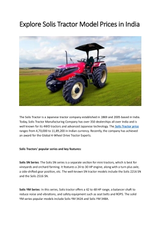 Explore Solis Tractor Model Prices in India