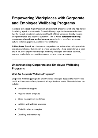 Empowering Workplaces with Corporate and Employee Wellbeing Programs