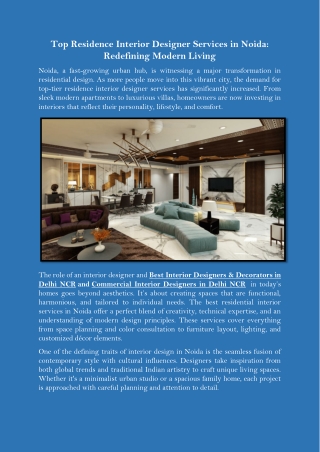 Top Residence Interior Designer Services in Noida Redefining Modern Living